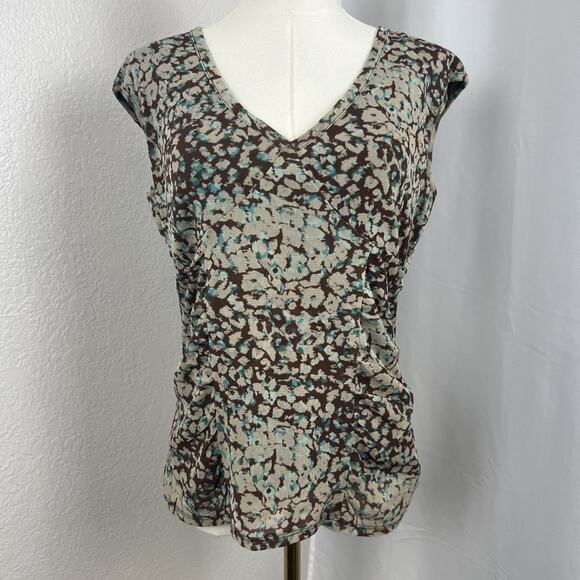 VTG Babydoll Ruched Top Womens Large Brown Abstract Blue Boho Artsy Y2K Grunge - Picture 1 of 9